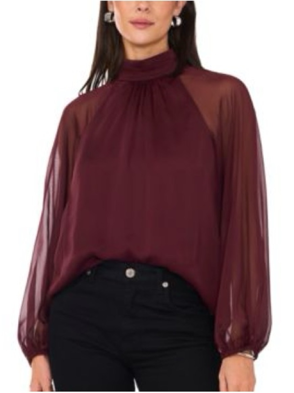 1.State Women's Mock Neck Raglan Sheer Balloon Sleeve Blouse, Small, NWT - Picture 1 of 13
